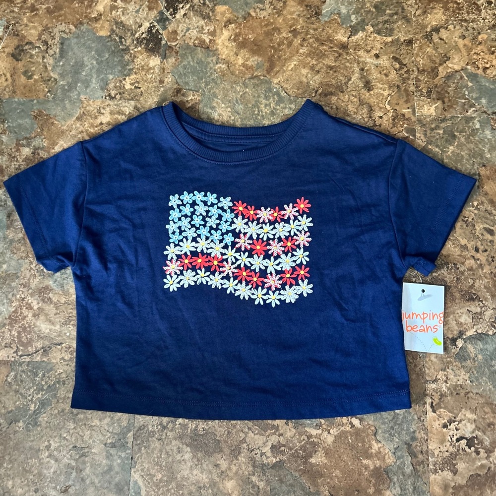 Jumping Beans Crop Top Toddler Girls Size 4T Blue Floral USA Flag Shirt